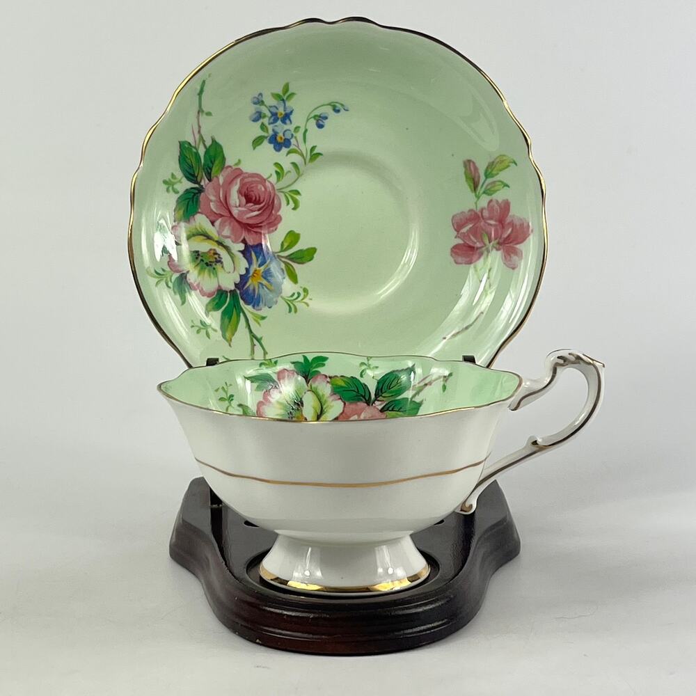 Paragon England Bone China Tea Cup Saucer Set CS298 Cabbage Rose Mint Green Gold